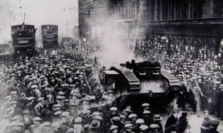 A British army tank in Trongate, Glasgow, in 1919