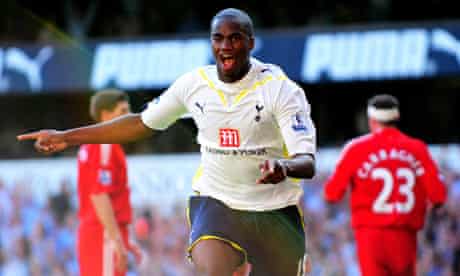 Sebastien Bassong celebrates scoring Tottenham's second goal against Liverpool.