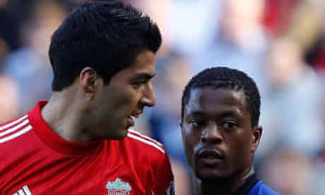 Luis Suárez and Patrice Evra during Liverpool v Manchester United match, 15 October