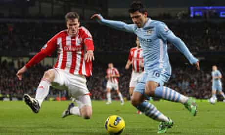 Manchester City's Sergio Agüero, right, scored twice during his side's victory over Stoke