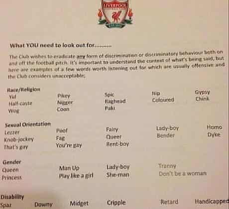 Liverpool FC produce a document of unacceptable words/phrases 
