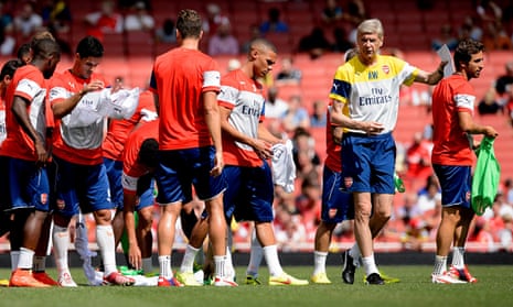 Arsène Wenger oversees training with his Arsenal players in preparation for the Community Shield