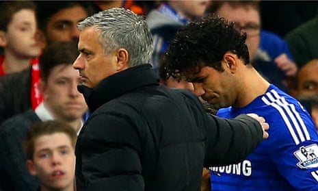 Chelsea's Diego Costa is consoled by José Mourinho after the substitute against Stoke was replaced