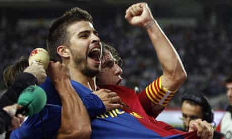 Gerard Pique and Carles Puyol after Barcelona's win at Espanyol