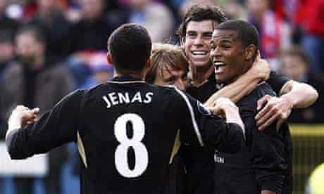 Spurs players congratulate on-loan striker Fraizer Campbell after his pressure led to a Wisla own-goal