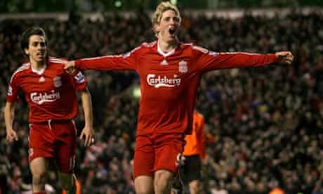 Liverpool's Fernando Torres celebrates scoring his second goal against Chelsea
