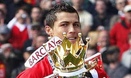 Cristiano Ronaldo of Manchester United with Premier League trophy