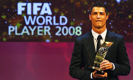 Cristiano Ronaldo of Portugal holds the trophy as he wins the Fifa World Player of the Year 2008