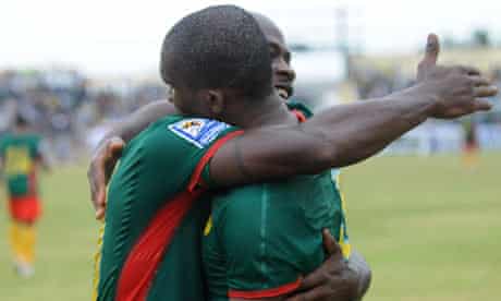 Samuel Eto'o, right, celebrates scoring for Cameroon against Gabon
