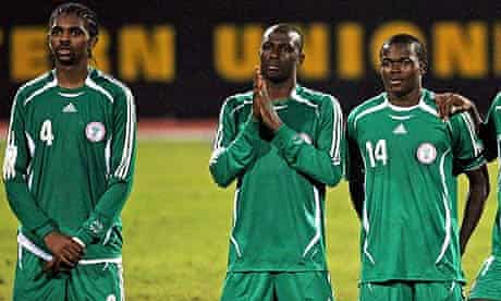 Nwankwo Kanu, left, Joseph Enakarhire and Obinna Nsofor watch Nigeria's 2006 shoot-out v Tunisia