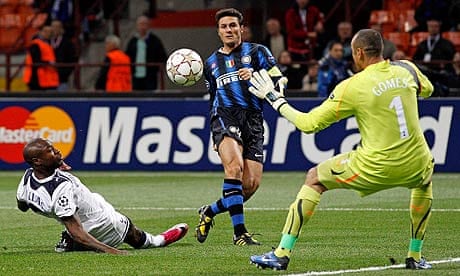 Javier Zanetti scores Inter's opening goal against Tottenham