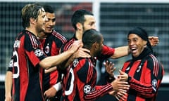 Ronaldinho after scoring in Milan's 2-0 Champions League victory at Auxerre