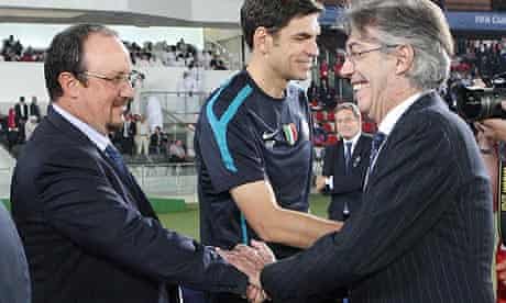 Inter coach Rafael Benitez and president Massimo Moratti in Abu Dhabi