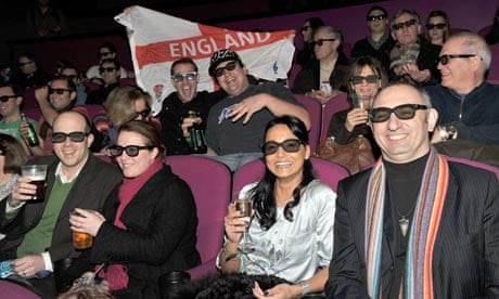 Guests at the Cineworld cinema on Shaftesbury Avenue watch the England v Wales game in 3D