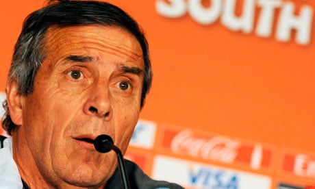 Uruguay's coach Oscar Tabarez speaks at