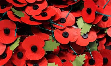 Poppies are seen in a pile at the British Legion Poppy Factory in Richmond, west London