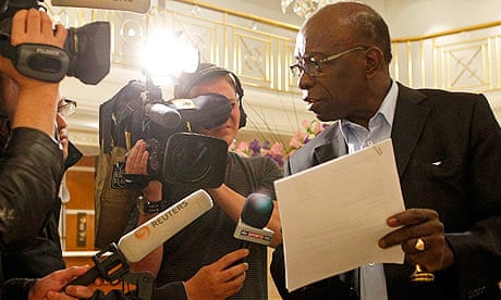 Jack Warner talks to journalists at the lobby of a hotel in Zurich