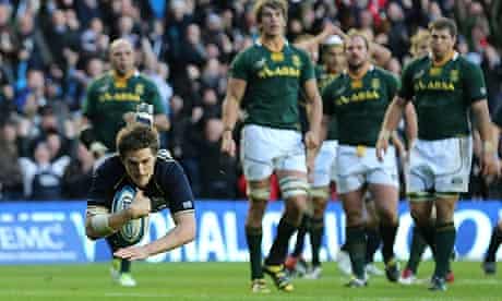 Scotland's Henry Pyrgos scores a try against South Africa in the autumn international at Murrayfield