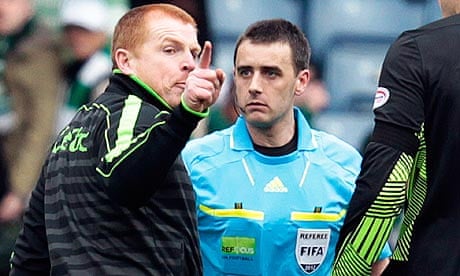 Neil Lennon confronts the referee after Celtic's Scottish Cup semi-final defeat to Hearts