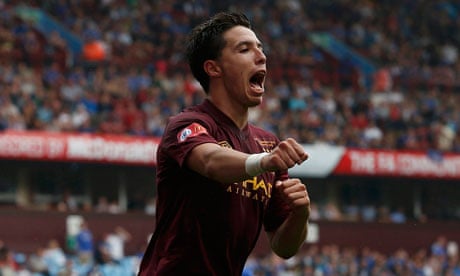 Manchester City's Samir Nasri celebrates after scoring in their Community Shield win against Chelsea