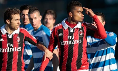 Milan's Kevin-Prince Boateng shows his anger at the racist chanting by Pro Patria fans