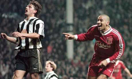 Stan Collymore turns away after scoring Liverpool’s winning goal in the 4-3 victory over Newcastle at Anfield in 1996.