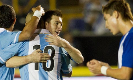 Argentina's Lionel Messi celebrates after scoring against Guatemala