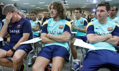 Barcelona's second coach Jordi Roura, Carles Puyol and Lionel Messi