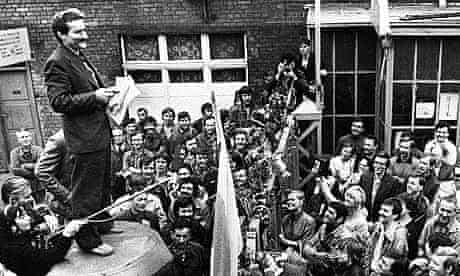 Lech Walesa speaks to workers during a 1980 strike at the Gdansk shipyard 