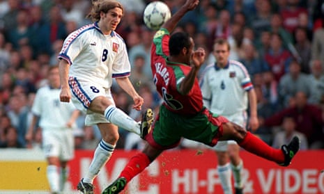 Karel Poborsky scores the winning goal for the Czech Republic against Portugal at Euro 1996