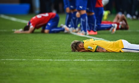 Brazil's forward Neymar reacts