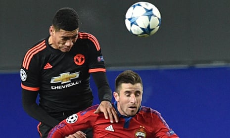 Manchester United's Chris Smalling proves a commanding aerial presence against CSKA Moscow.