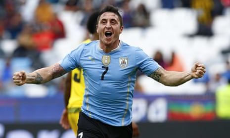 Cristian Rodríguez celebrates scoring Uruguay's winner against Jamaica in the Copa America.