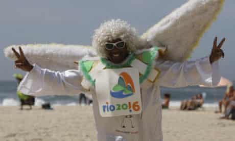 A man dressed as an angel  at the Copacabana beach in Rio de Janeiro