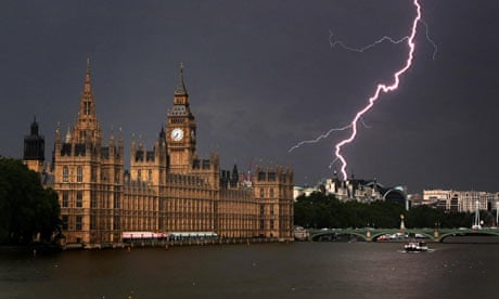 Lightning strikes near the Houses of Parliament, in London