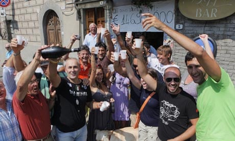 Residents of Bagnone, Italy celebrate winning the lottery