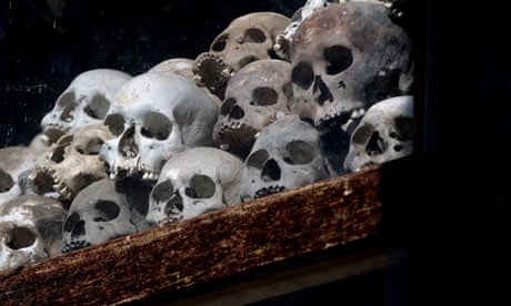 Skulls of victims at memorial stupa in Cambodia