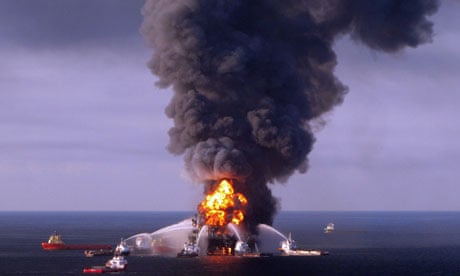 Boats battle the blazing remnants of BP's Deepwater Horizon rig in the Gulf of Mexico, April 2010