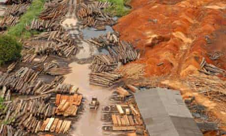 An aerial view of a sawmill that processes logs from the Amazon rainforest in Tailandia