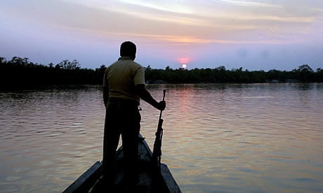 An forest official returns to his base as the sun sets at Sunderbans