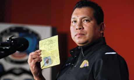 Percy Abrams of the Iroquois Nationals lacrosse team shows his Iroquois Confederacy passport during a news conference in New York. Photograph: Bebeto Matthews/AP