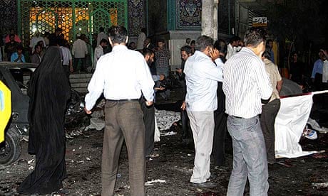 The aftermath of two suicide bombings outside a mosque in Zahedan, Iran.