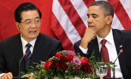 Barack Obama and Hu Jintao at a press confrence in Washington 
