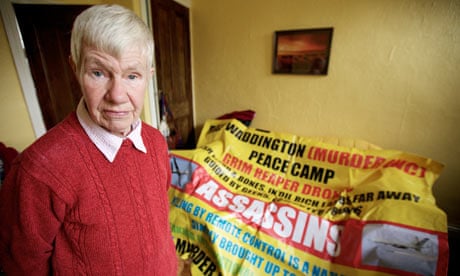Helen John, 73, with a banner protesting against drones, November 2011