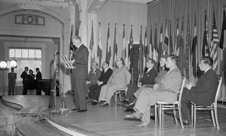 Henry Morgenthau Jr speaks at the conference that established the IMF, 1944, Bretton Woods
