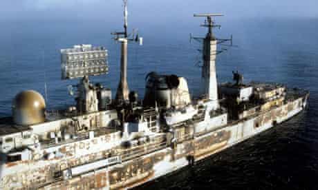 charred remains of HMS Sheffield after being hit by an Argentine Exocet missile