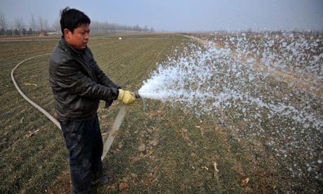 A villager irrigates his dried wheat field against the winter drought in China.