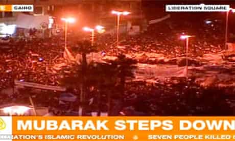 A screengrab from al-Jazeera TV as it was announced Hosni Mubarak had resigned as Egypt's president.