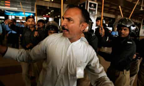 protesters at Karachi airport