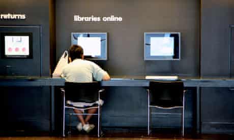 Internet user in public library, London, England